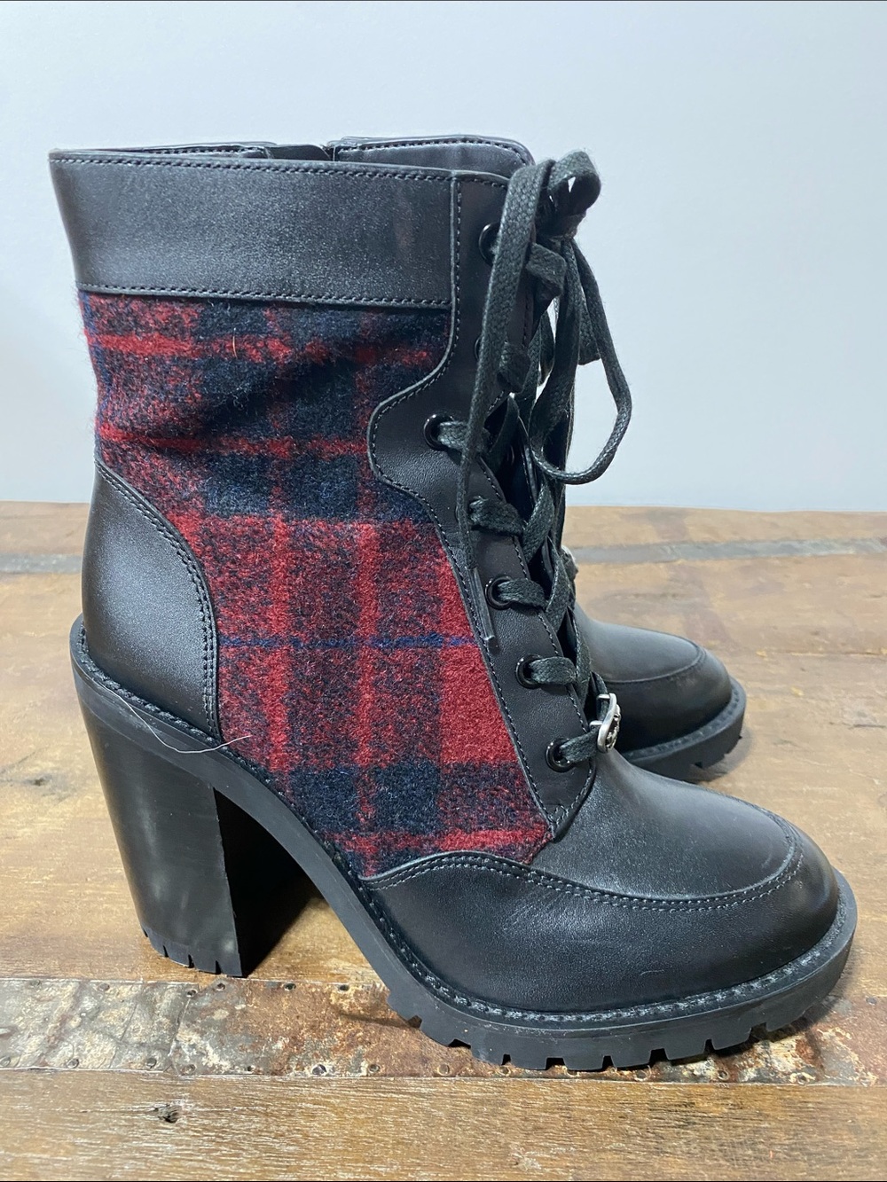 Coach Black Leather and Red Plaid Lace-Up Heeled Ankle Boots